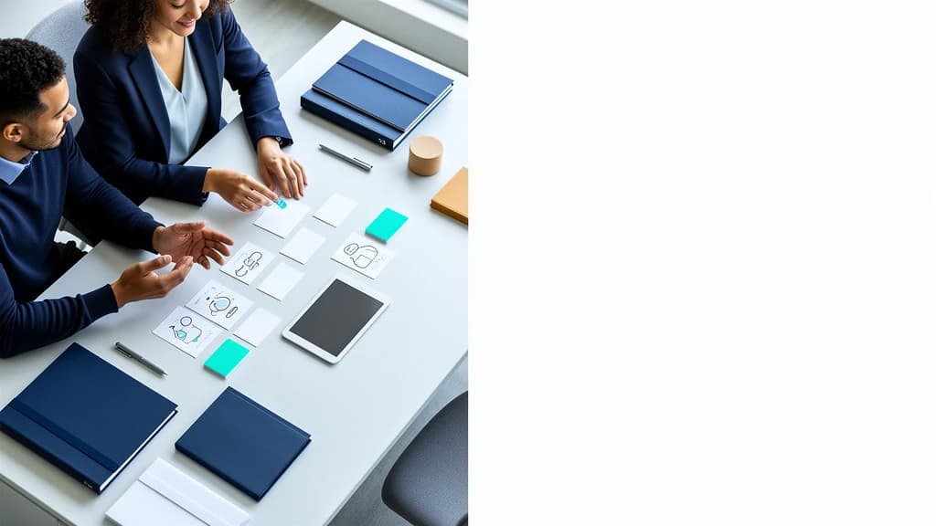 Two colleagues organizing planning materials on a table.