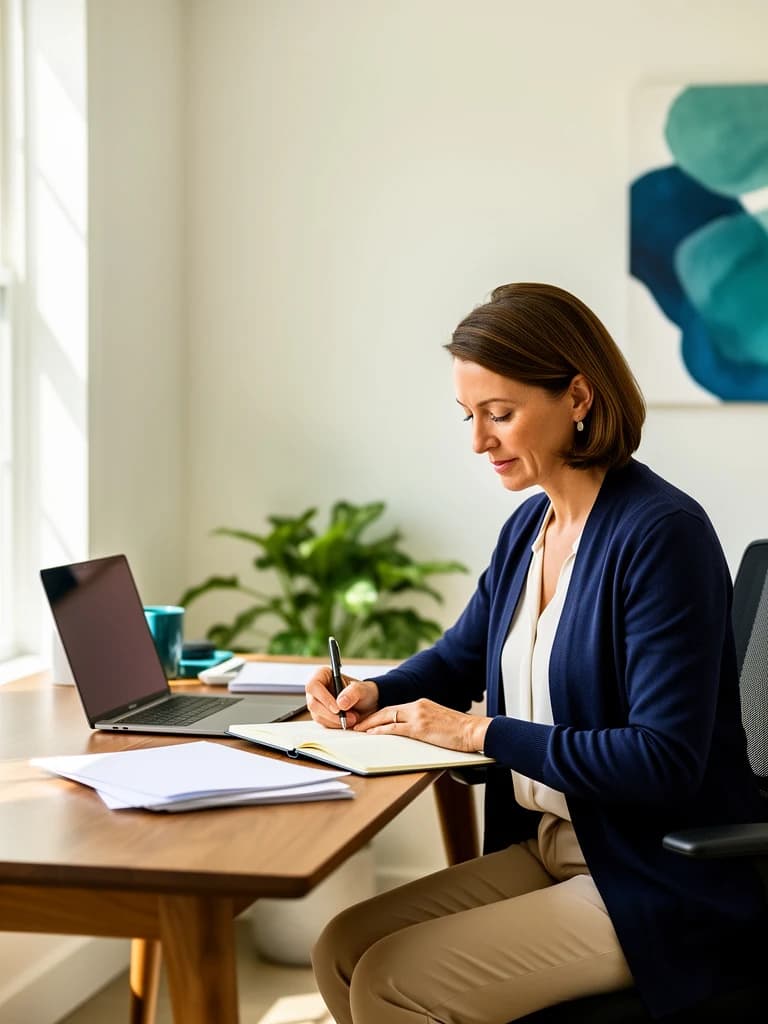 A practice leader reviewing notes at a desk.